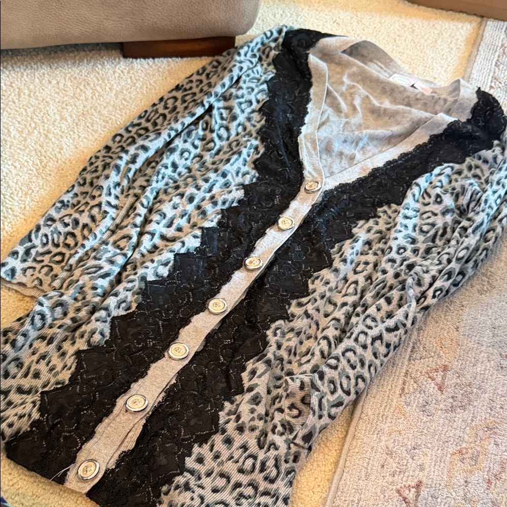 Leopard Print Cardigan with Black Lace Trim